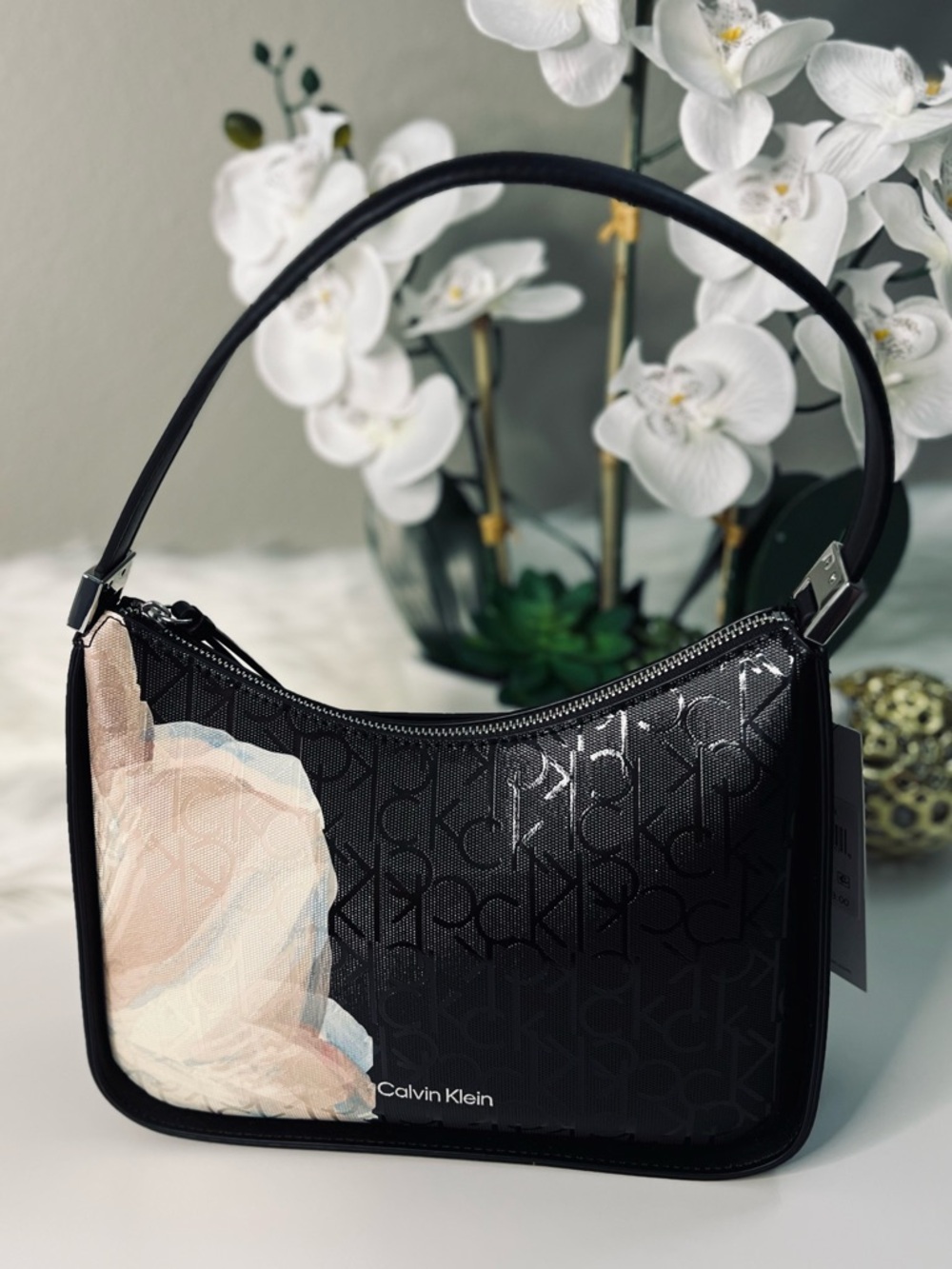 Calvin Klein Black Shoulder Bag with Blush Floral Accent